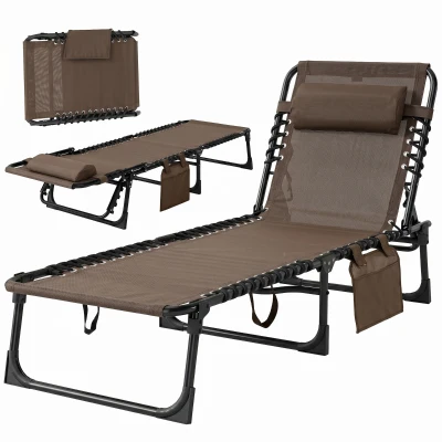 Outsunny Outdoor Folding Chaise Lounge, Reclining Lounge Chair with Adjustable Backrest and Removable Pillow, Brown