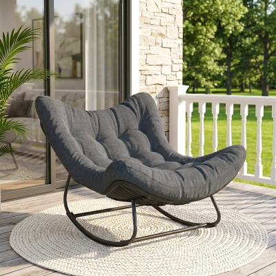 Outsunny Outdoor Rocking Chair, Oversized Patio Egg Chair with Padded Cushion, Rattan Wicker for Indoor, Backyard, Dark Grey