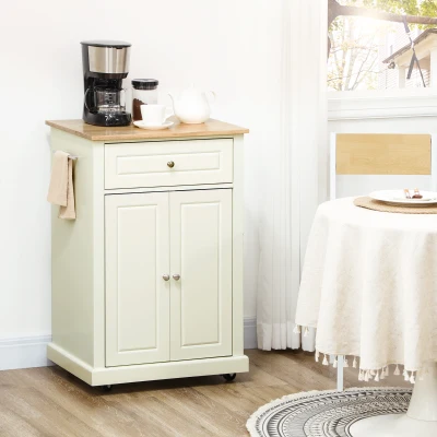 HOMCOM Rolling Kitchen Island Cart, Portable Trolley Table, Cream White
