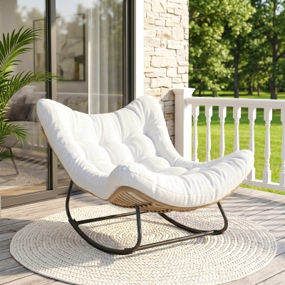 Outsunny Oversized Rattan Patio Egg Chair, Outdoor Rocking Chair with Padded Cushion for Indoor, Porch, Cream White
