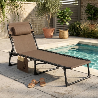 Outsunny Outdoor Folding Chaise Lounge, Reclining Lounge Chair with Adjustable Backrest and Removable Pillow, Brown