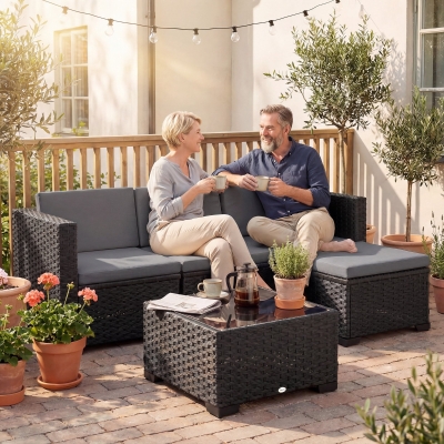 Outsunny 5 Piece Patio Furniture Set, L-Shape Wicker Outdoor Sectional with 3 Chairs, Ottoman, Glass Table, Cushions, Grey