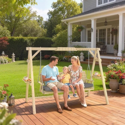 Outsunny 3-Seat Wooden Patio Swing with Stand & Cushion, Natural Wood