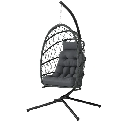 Outsunny Hanging Egg Chair with Stand, Foldable Wicker Rattan Swing Chair with Thick Cushion and Safety Rope, Grey