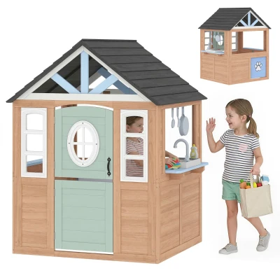 Qaba Kids Outdoor Playhouse, Wooden Cottage Play House with Pet Door, Play Kitchen, Half Door and Windows for Indoor Outdoor