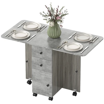 HOMCOM Drop Leaf Dining Table, Mobile Folding Table on Wheels with Drawers and Cabinet for Dining Room, Kitchen, Grey