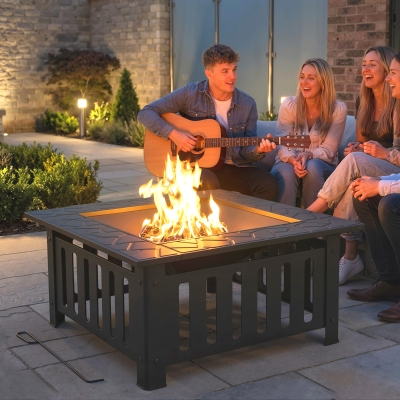 Outsunny 26" Outdoor Fire Pit with Fire Poker, Steel Square Wood Burning Firepit with Mesh Lid, Firepits, Black