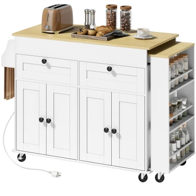 HOMCOM Kitchen Island with Sliding Expandable Top, Rolling Kitchen Cart with Drawers, Cabinets & Spice Rack, White