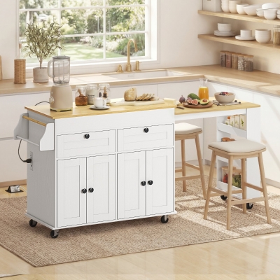 HOMCOM Kitchen Island with Sliding Expandable Top, Rolling Kitchen Cart with Drawers, Cabinets & Spice Rack, White