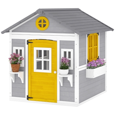 Outsunny Wooden Kids Playhouse Outdoor with Doors & Planter Boxes, Gray