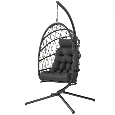 Outsunny Hanging Egg Chair with Stand, Foldable Wicker Rattan Swing Chair with Thick Cushion and Safety Rope, Black
