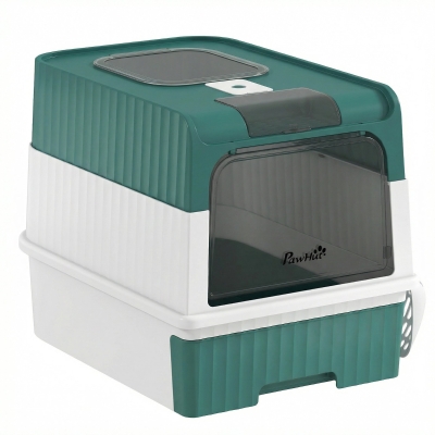 PawHut Hooded Cat Litter Box with Drawer Pan, Teal