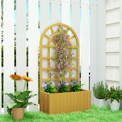 Outsunny Wooden Raised Garden Bed with Lattice Trellis, Outdoor Elevated Planter Box with Drainage Holes for Climbing Plants