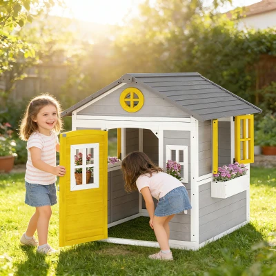 Outsunny Wooden Kids Playhouse Outdoor with Doors & Planter Boxes, Gray