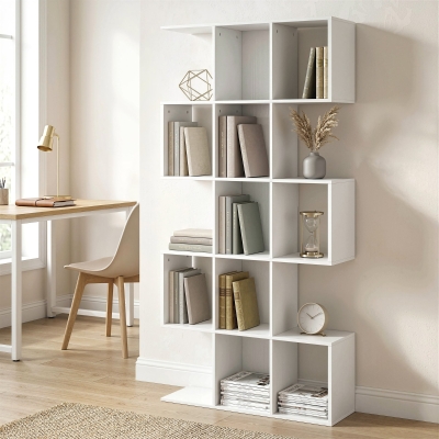 HOMCOM 5-Tier Bookshelf, S Shaped Geometric Bookcase with 15 Compartments, White Wood Grain