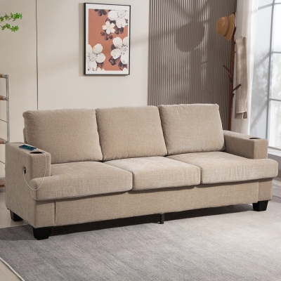 HOMCOM 3 Seater Sofa with USB Ports & Cup Holders, Chenille-Feel Upholstered Couch for Living Room, Light Brown