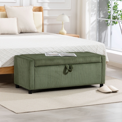 HOMCOM Storage Ottoman, Upholstered Corduroy End of Bed Bench with Thick Padding, Storage Bench for Bedroom, Dark Green