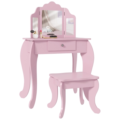 Qaba Kids Vanity Table and Stool, Makeup Vanity Girls Dressing Table Set with Tri-folding Mirrors Drawer Star and Heart Pattern, Pink
