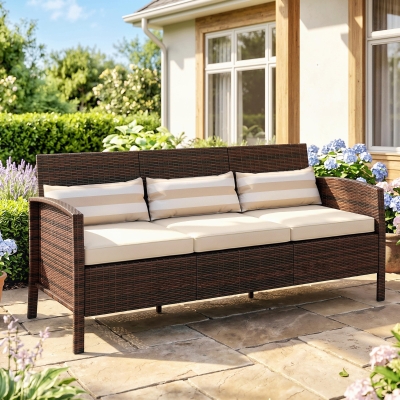 Outsunny 3-Seater Wicker Sofa, PE Rattan Outdoor Couch Conversation Furniture with Removable Cushions for Patio, Garden, Brown