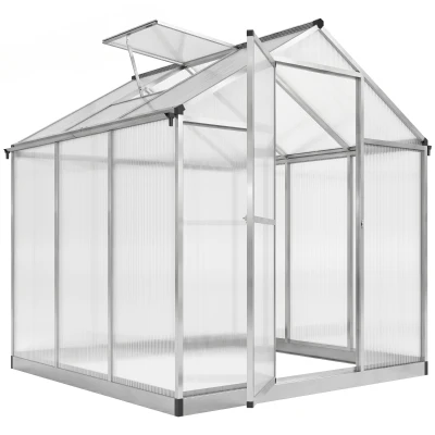 Outsunny 6' x 8' x 6.4' Polycarbonate Greenhouse, Aluminum Walk-In Green House Kit Garden, Plants Grow with Rain Gutter and Roof Vent, Silver