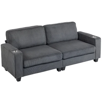 HOMCOM Three Seater Sofa, Fabric 3 Seater Couch with Spring Cushion and Cup Holders for Living Room, Bedroom, Dark Grey