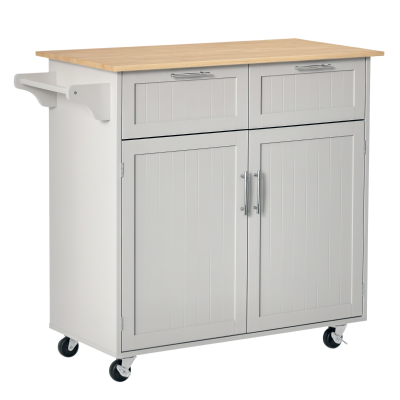 HOMCOM 41" Kitchen Island with Storage and Solid Wood Top, Rolling Kitchen Cart on Wheels with 2 Storage Drawers, 2 Doors and Towel Rack for Dining Room, Grey