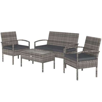 Outsunny 4 Pieces Patio Furniture Set with A Loveseat, Two Armchairs and A Coffee Table, Outdoor Conversation Set, Dark Grey