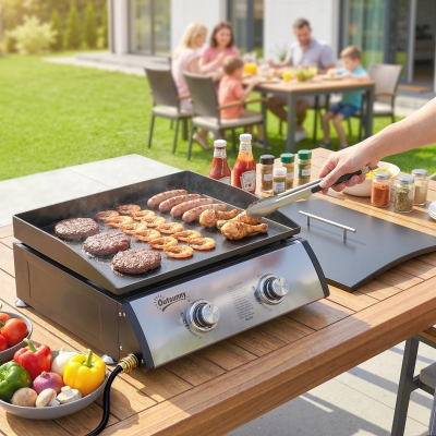 Outsunny 2 Burner Liquefied Gas Grill, Portable Tabletop BBQ Grill, for Camping, Picnic, Silver