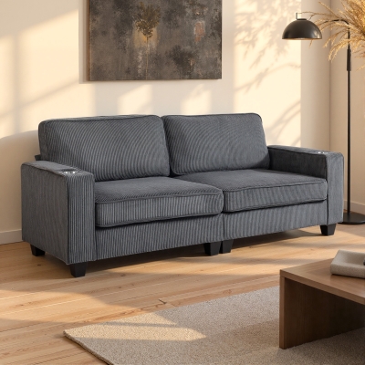 HOMCOM Three Seater Sofa, Fabric 3 Seater Couch with Spring Cushion and Cup Holders for Living Room, Bedroom, Dark Grey