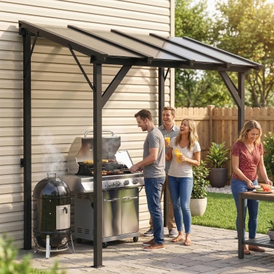 Outsunny Hardtop Grill Gazebo, Lean-to BBQ Shelter with Polycarbonate Roof for Outdoor, Patio, Lawn