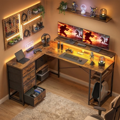 HOMCOM Gaming Desk with Power Outlets LED Lights Computer Desk with Drawers Monitor Stand 61" Rustic Brown