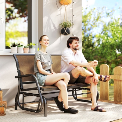 Outsunny Outdoor Glider Bench, 2 Person Patio Glider Chair, Gliding Outdoor Garden Loveseat Swing Bench with Breathable Mesh Fabric, Steel Frame for Backyard, Porch, Brown