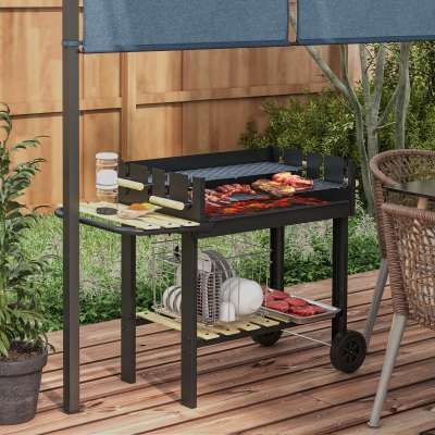 Outsunny Charcoal Grill,Barbecue Trolley with Double Adjustable Grill, Side Table, Storage Shelf and Wheels, Black