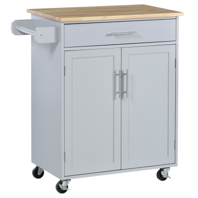 HOMCOM Rolling Kitchen Island Cart with Wood Top, Enough Storage Drawer Space with Towel Bar Rack Shelves, Portable Kitchen Utility Serving Cart Trolley on Wheels (Grey)