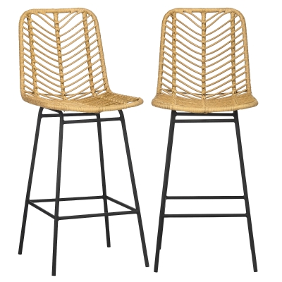 HOMCOM Set of 2 Rattan Barstools with Steel Legs, Yellow