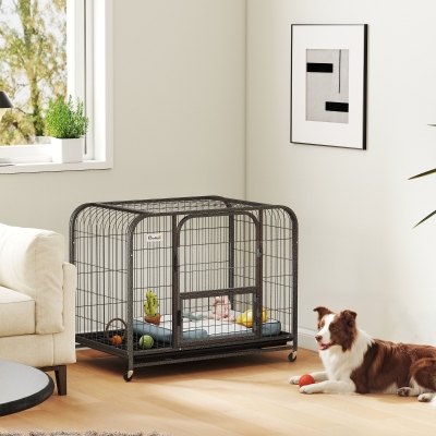PawHut 37 Inch Heavy Duty Dog Crate, Large Metal Dog Cage with Lockable Wheels and Removable Tray