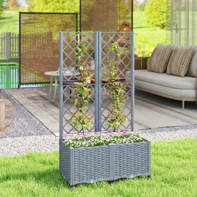 Outsunny Planter Box with Trellis, Self-Watering Raised Bed, Gray