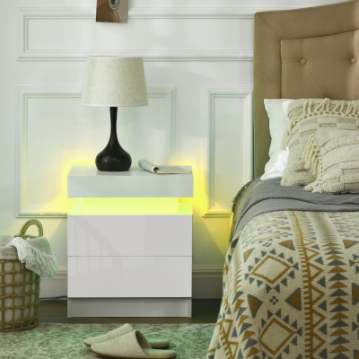 HOMCOM Nightstand, Bedside Table with LED Lights and 2 Drawers for Bedroom, Living Room, White