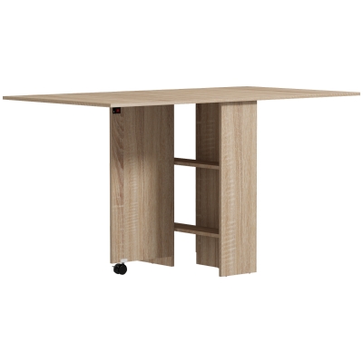 HOMCOM Extendable Dining Table, Collapsible Folding Table w/ 2-tier Shelves and Rolling Casters, Nature Wood