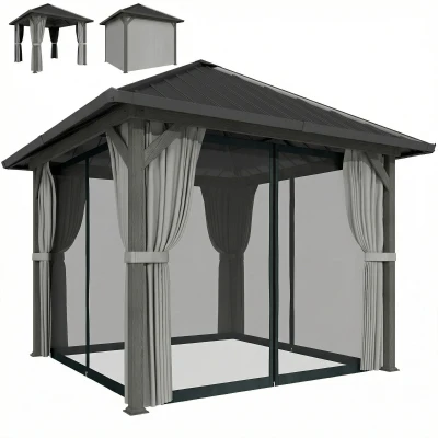 Outsunny 10' x 10' Hardtop Gazebo with Galvanized Steel Roof, Permanent Garden Gazebo with Netting and Curtains