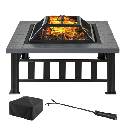 Outsunny 34" Square Steel Fire Pit, Wood Burning with Cover