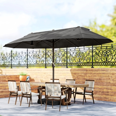 Outsunny 15' Outdoor Patio Umbrella with Twin Canopy Sunshade Steel Table Umbrella with Lift Crank, Cross base, Sandbag, Dark Grey