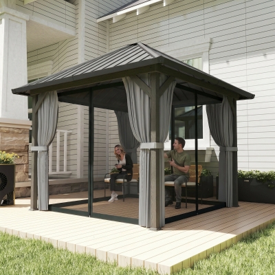 Outsunny 10' x 10' Hardtop Gazebo with Galvanized Steel Roof, Permanent Garden Gazebo with Netting and Curtains