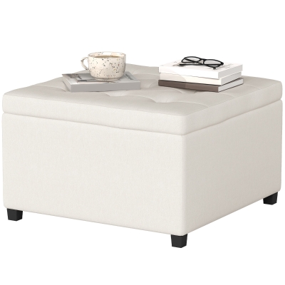 HOMCOM Round Tufted Storage Ottoman Bench with Flip Top, Beige