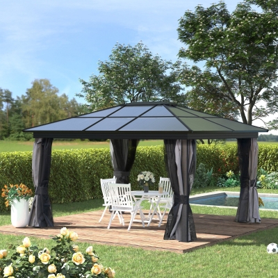 Outsunny 12' x 15' Hardtop Gazebo Canopy with Polycarbonate Roof, Aluminum Frame, Netting, Curtains and Ceiling Hook, Dark Grey
