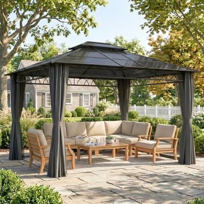 Outsunny 10' x 12' Outdoor Gazebo Canopy, Double Roof Hardtop Gazebo with Polycarbonate Roof, Steel Frame, Nettings and Curtains