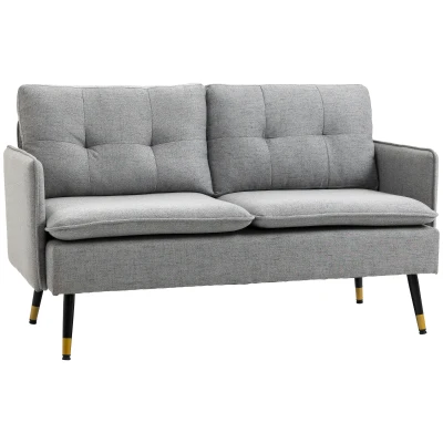 HOMCOM 55" Loveseat Sofa, Linen Love Seat w/ S spring, Steel Legs and Button Tufting, Small Couch for Living Room, Grey