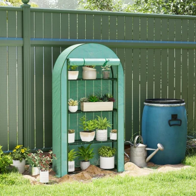 Outsunny Mini Portable Greenhouse with 4-Tier Shelves & Roll-Up Door, Green