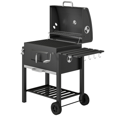 Outsunny Charcoal BBQ Grill & Smoker Combo, Portable Trolley, Black