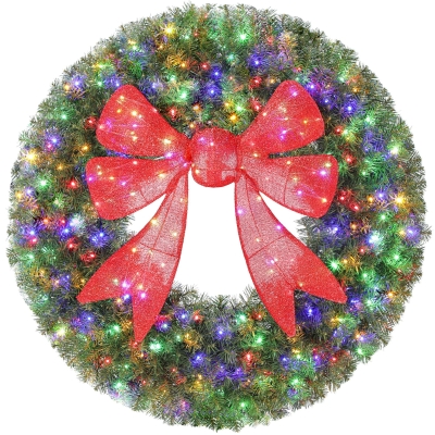 HOMCOM 36in Pre-Lit Christmas Wreath with Red Bow & Remote